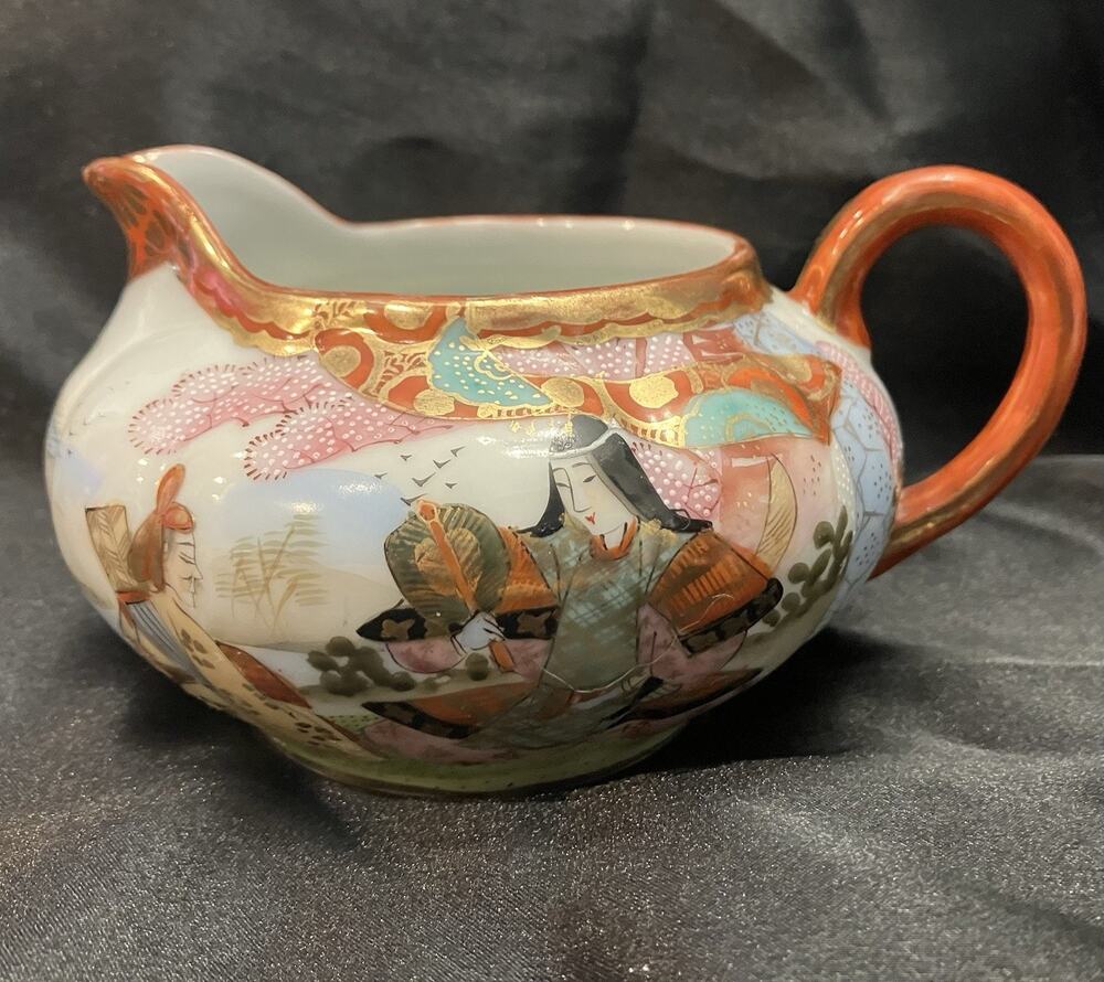 Antique Japanese Kutani Porcelain Creamer Geisha Samurai Hand Painted VTG ICOE